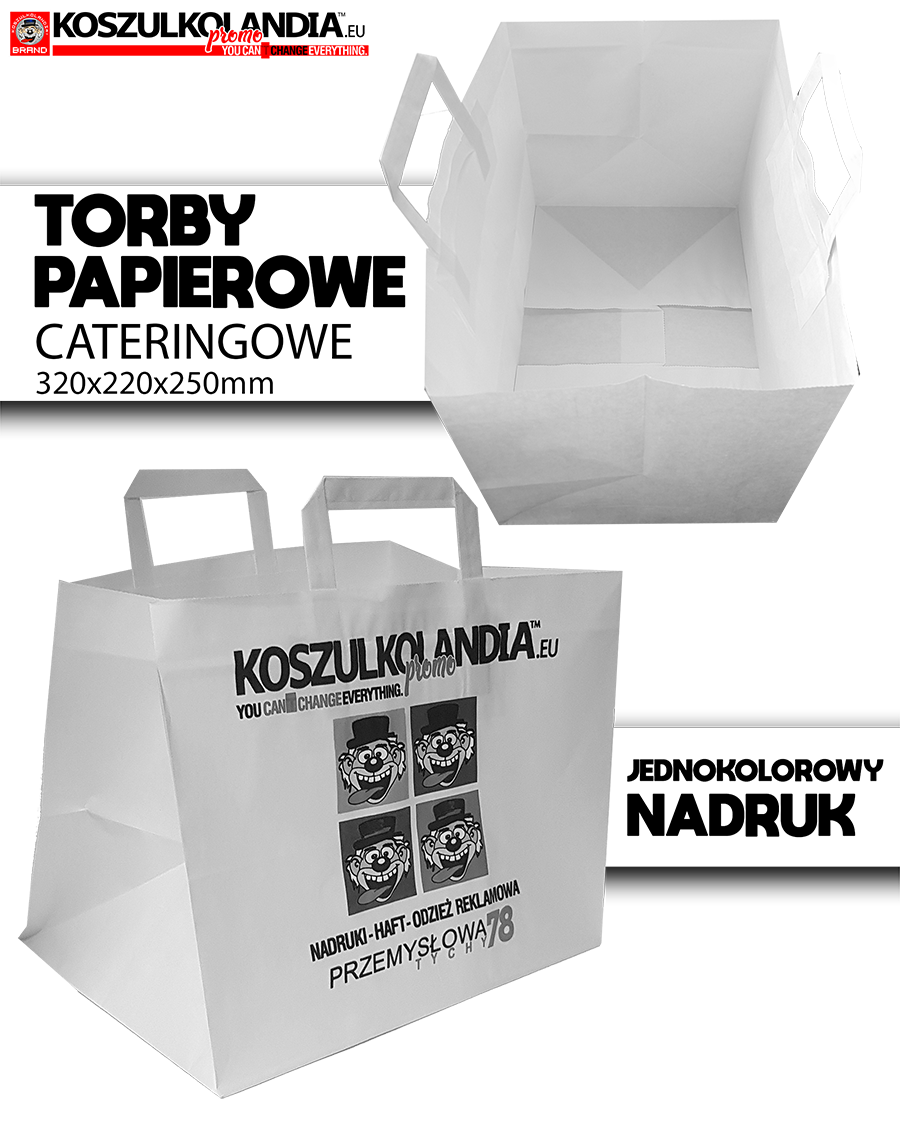 TORBA papierowa z nadrukiem JEDNOKOLOROWYM  32x22x25cm 70g/m2 biały (uchwyt płaski) CATERING GASTRONOMIA